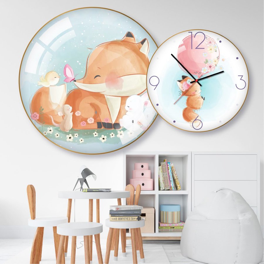 Tranh Đồng Hồ Treo Tường UV Pha Lê Bóng Con Cáo Dễ Thương