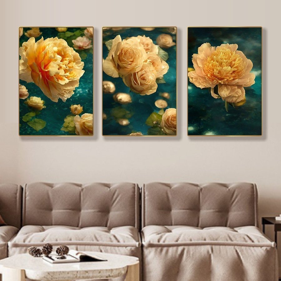 Tranh Treo Tường 3 Tấm Hoa Hồng Vàng
