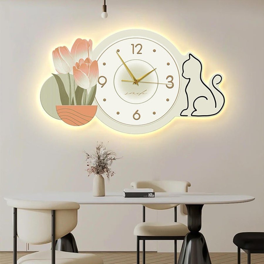 Tranh Đồng Hồ Đèn Led Tráng Gương Pha lê Uv Con Mèo Và Hoa