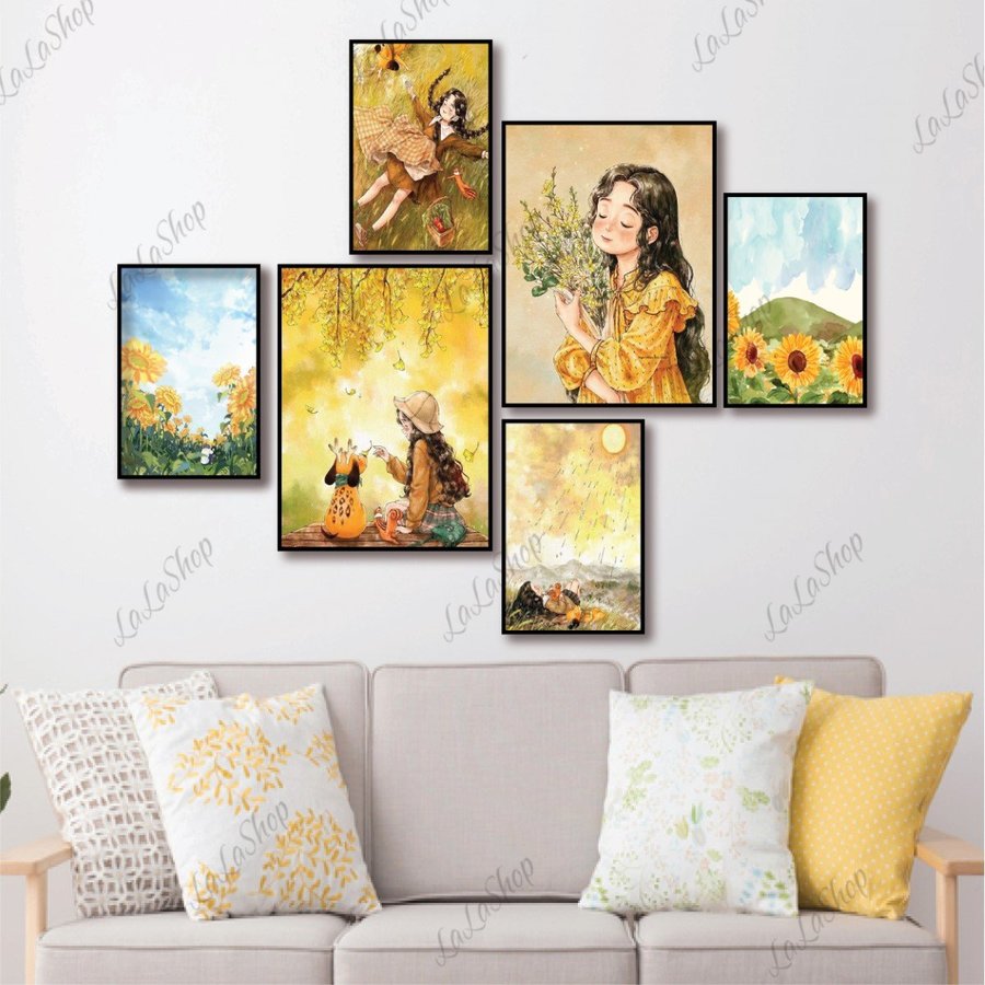 Set 6 Tranh Dán Tường Cô Gái Và Hoa Hướng Dương 03 Có Keo Sẵn