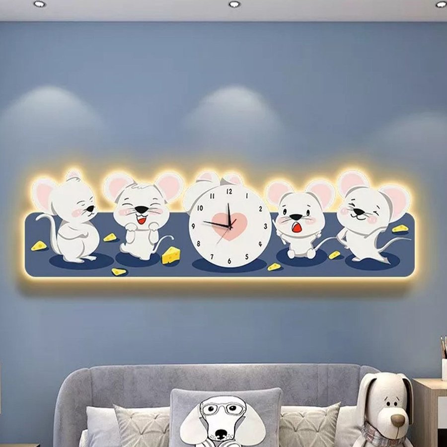 Tranh Đồng Hồ Tráng Gương Pha Lê Uv Những Con Chuột Dễ Thương