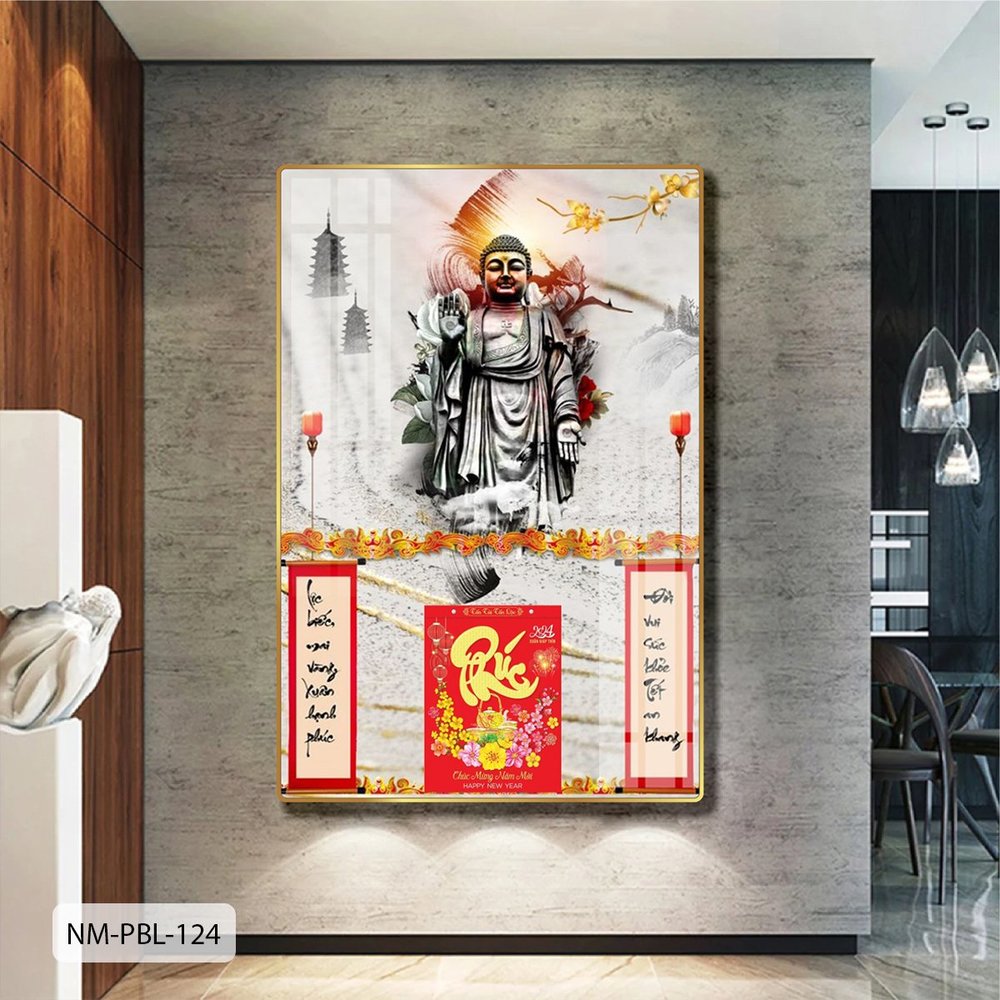 Lịch Tết Tranh Tráng Gương Treo Tường Tượng Phật Và Mai Vàng Rực Rỡ