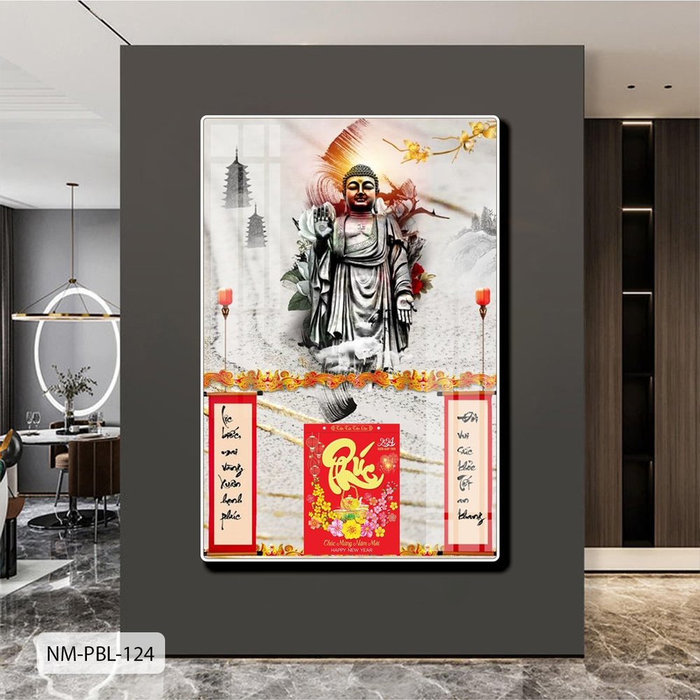 Lịch Tết Tranh Tráng Gương Treo Tường Tượng Phật Và Mai Vàng Rực Rỡ