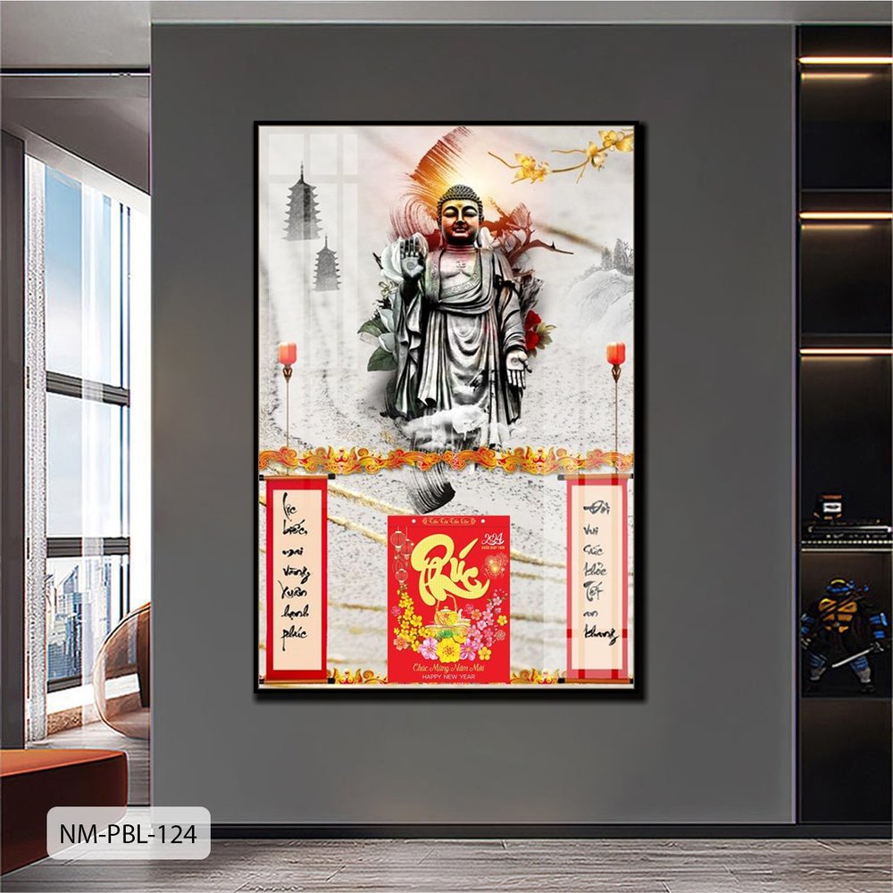 Lịch Tết Tranh Tráng Gương Treo Tường Tượng Phật Và Mai Vàng Rực Rỡ