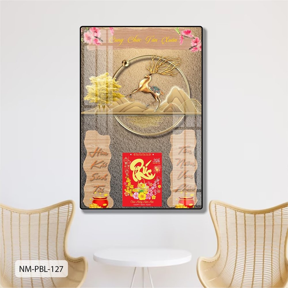 Lịch Tết Tranh Tráng Gương Treo Tường Cây Vàng Và Hươu Hoa Tài Lộc