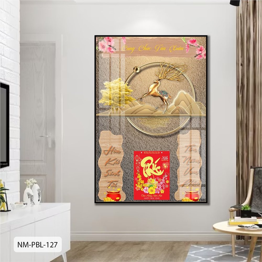 Lịch Tết Tranh Tráng Gương Treo Tường Cây Vàng Và Hươu Hoa Tài Lộc