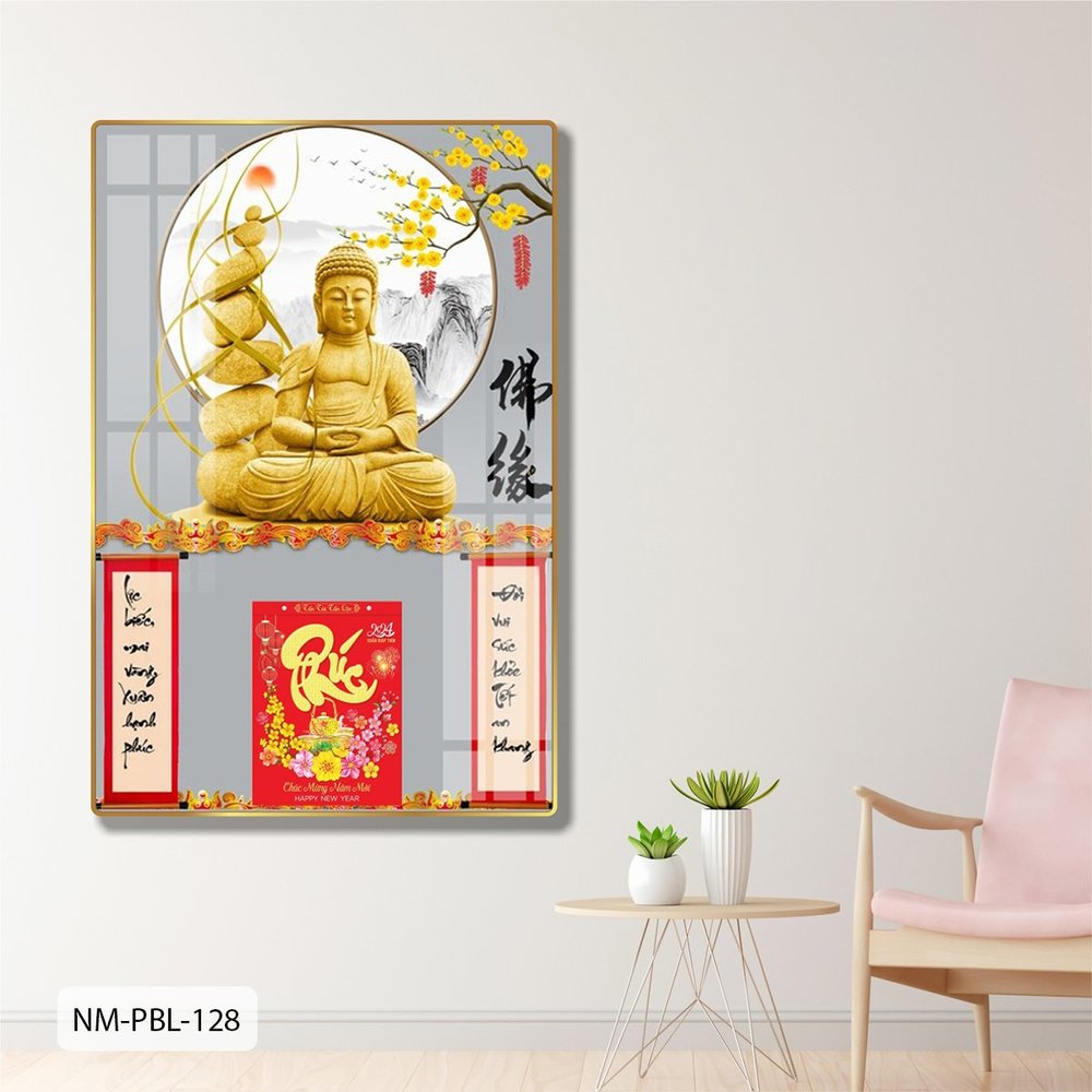 Lịch Tết Tranh Tráng Gương Treo Tường Tượng Phật Và Thuyền Vàng May Mắn