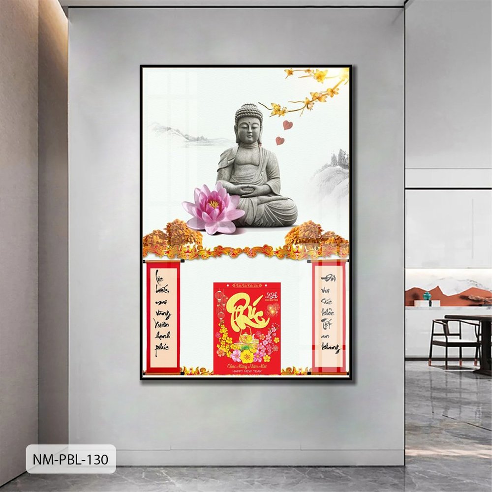 Lịch Tết Tranh Tráng Gương Treo Tường Tượng Phật Và Sen Hồng Nở Rộ