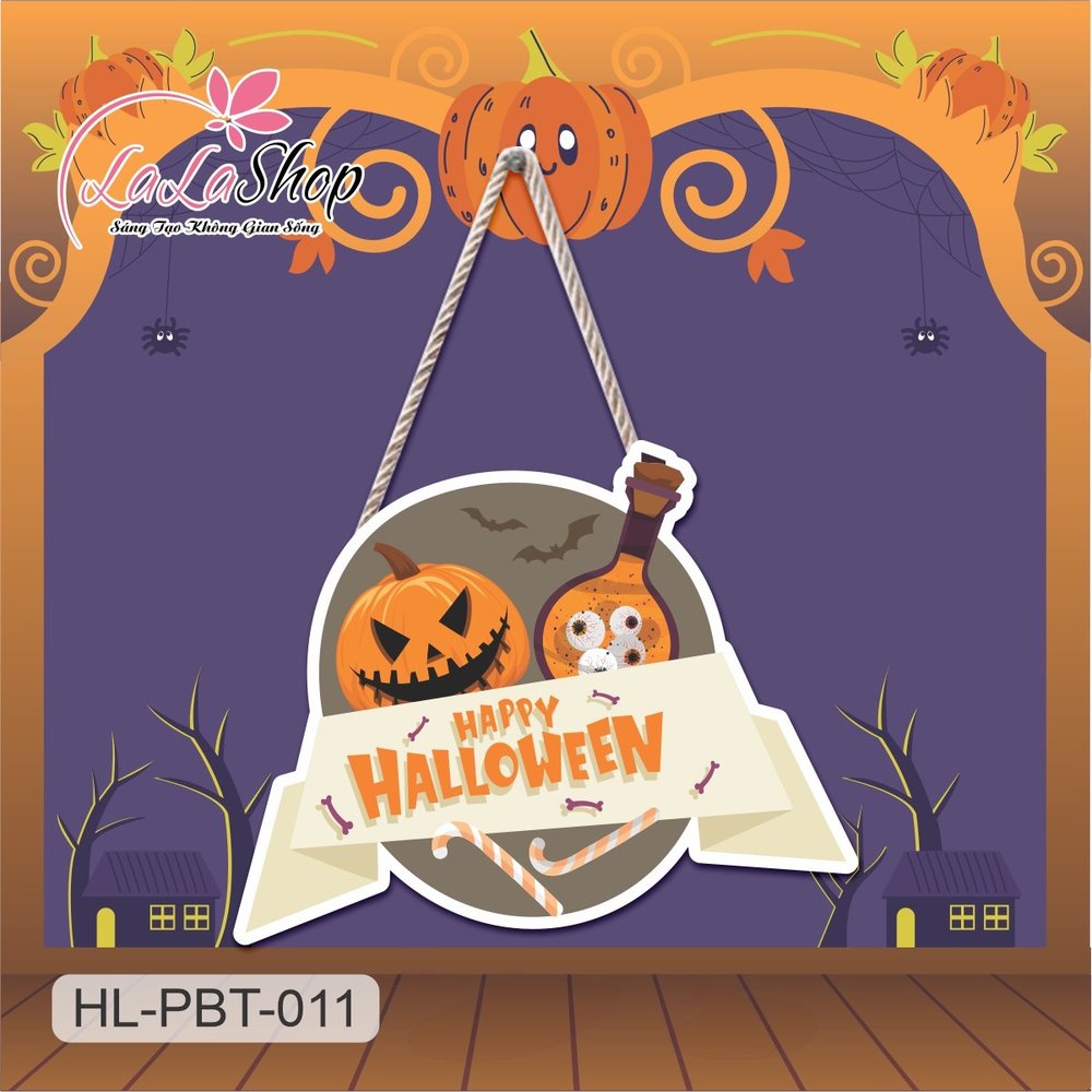 Bảng Treo Cửa Trang Trí Halloween Hình Bí Ngô Mẫu 2 50x40cm