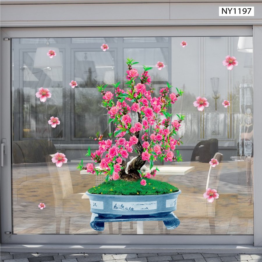 Decal Trang Trí Tết Chậu Cây Đào Hồng