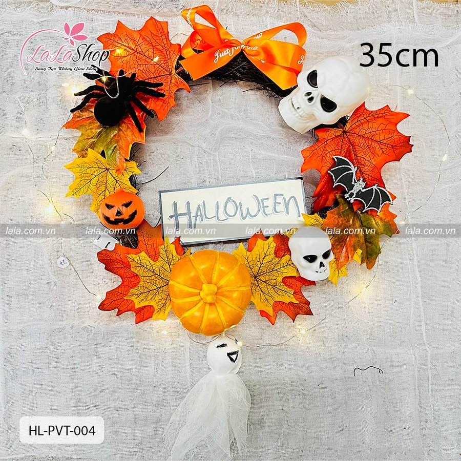 Vòng Treo Cửa Trang Trí Halloween Lá Phong Bí Ngô 35cm Kèm Đèn Led