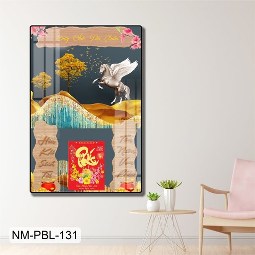 Lịch Tết Tranh Tráng Gương Treo Tường Bạch Mã Và Đào Hồng Khoe Sắc