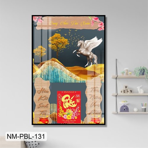 Lịch Tết Tranh Tráng Gương Treo Tường Bạch Mã Và Đào Hồng Khoe Sắc