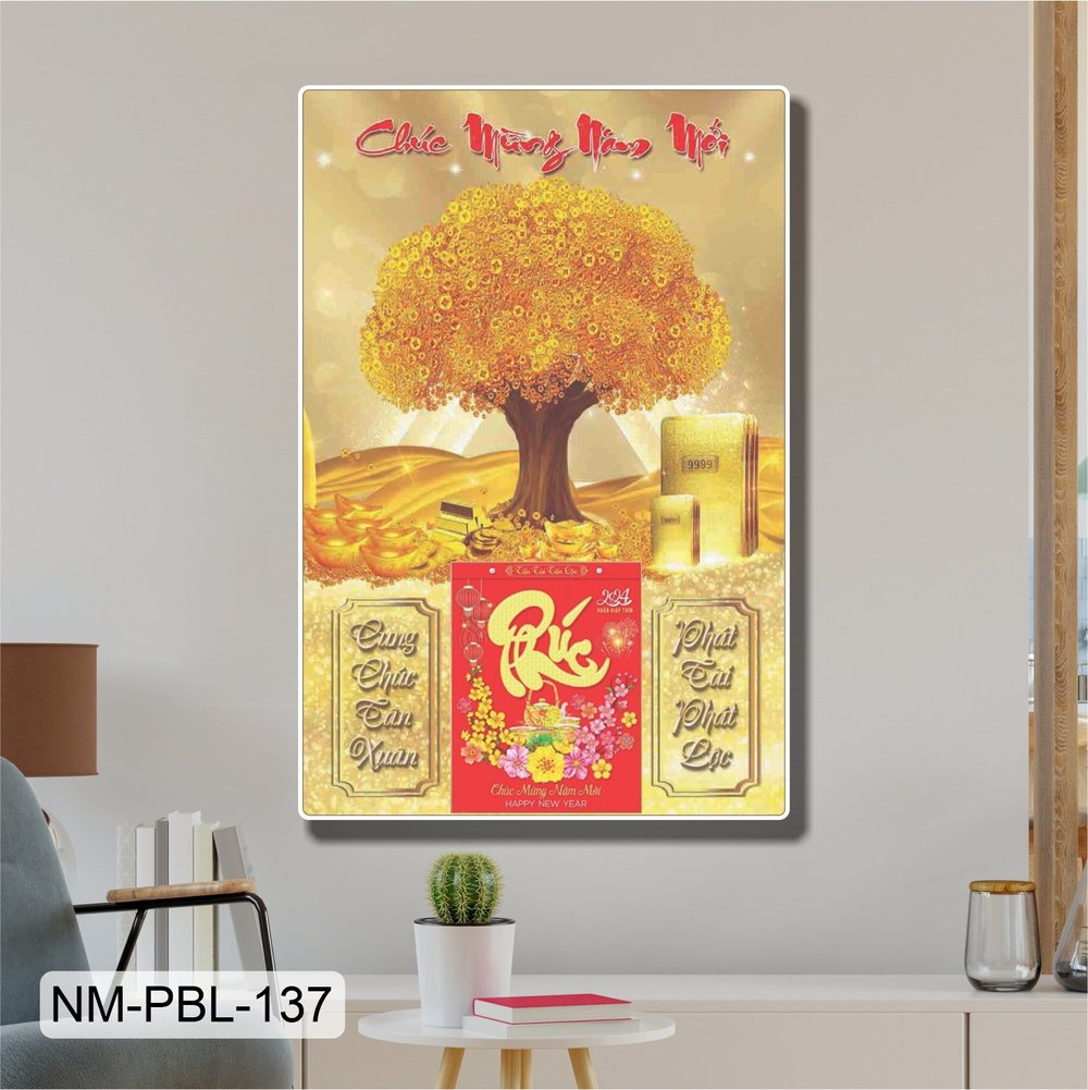 Lịch Tết Tranh Tráng Gương Treo Tường Cây Tiền Vàng Phát Tài