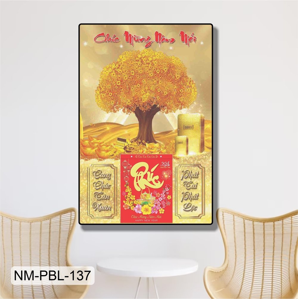 Lịch Tết Tranh Tráng Gương Treo Tường Cây Tiền Vàng Phát Tài