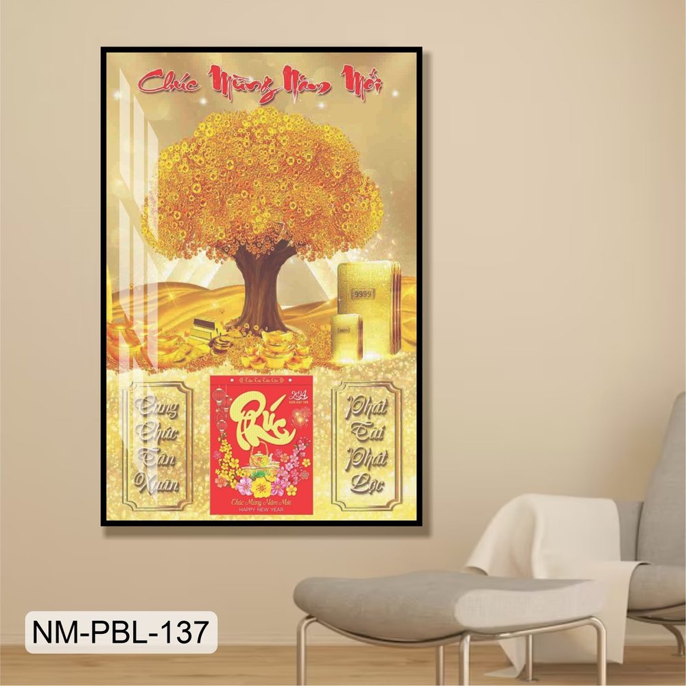 Lịch Tết Tranh Tráng Gương Treo Tường Cây Tiền Vàng Phát Tài