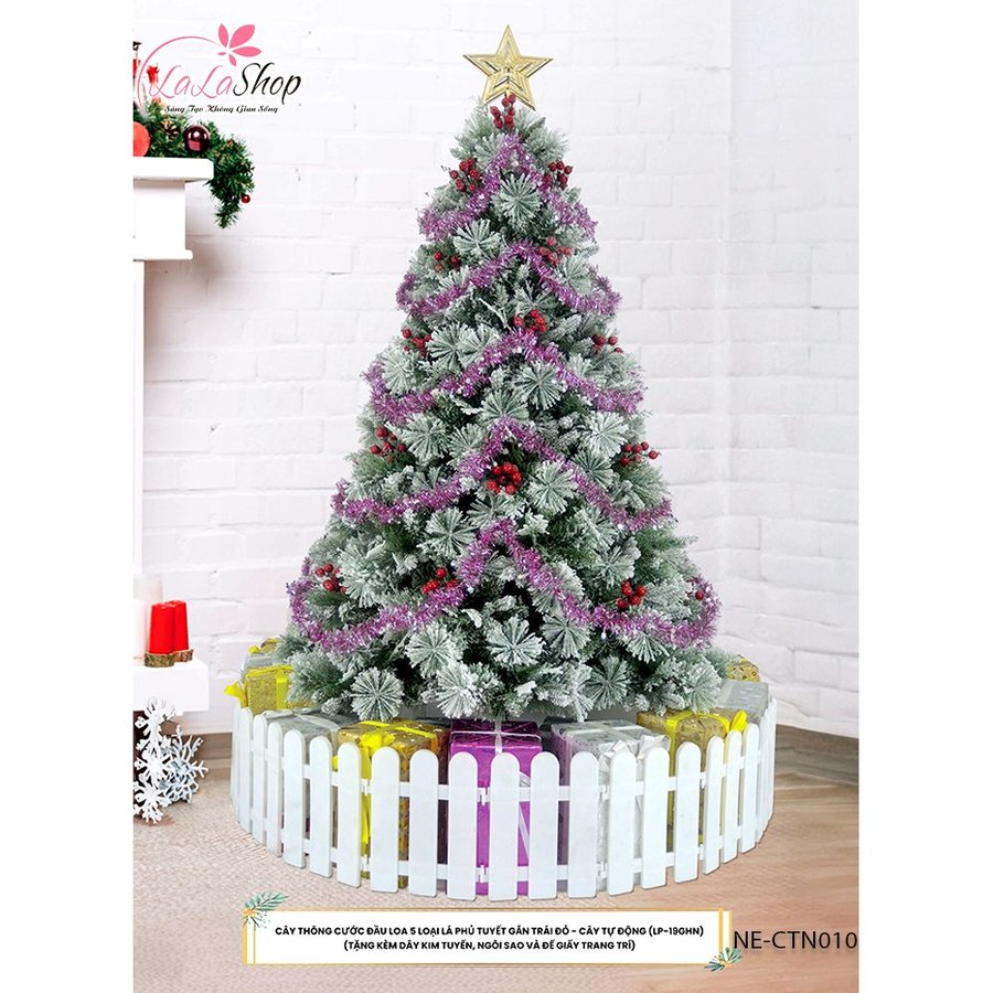 Cây thông noel cước đầu loa loại 5 lá phủ tuyết gắn trái đỏ
