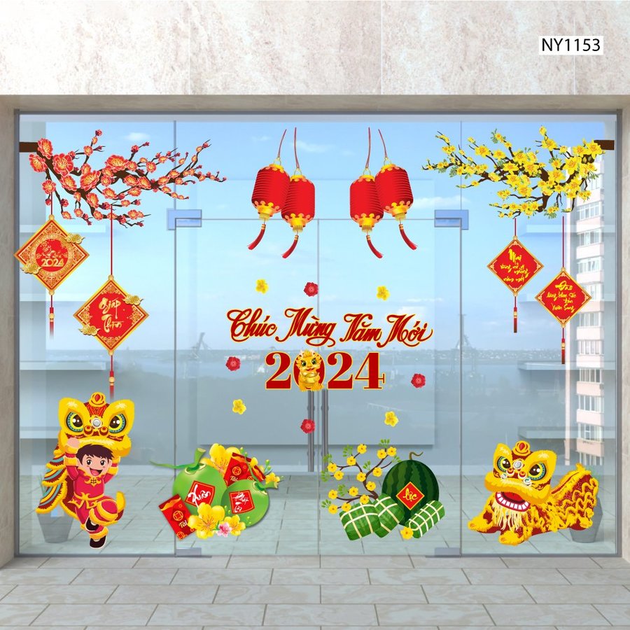Combo Decal Trang Trí Ngày Tết Múa Lân Đón Xuân Giáp Thìn