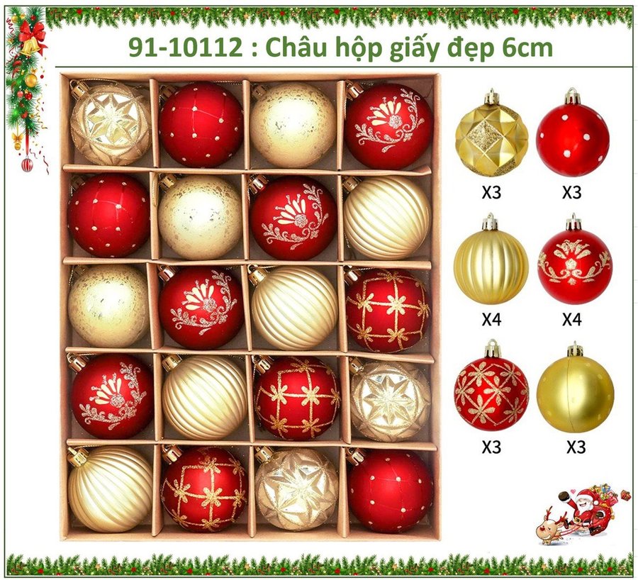 Hộp 20 quả châu nhiều họa tiết màu sắc trang trí cây thông giáng sinh 271