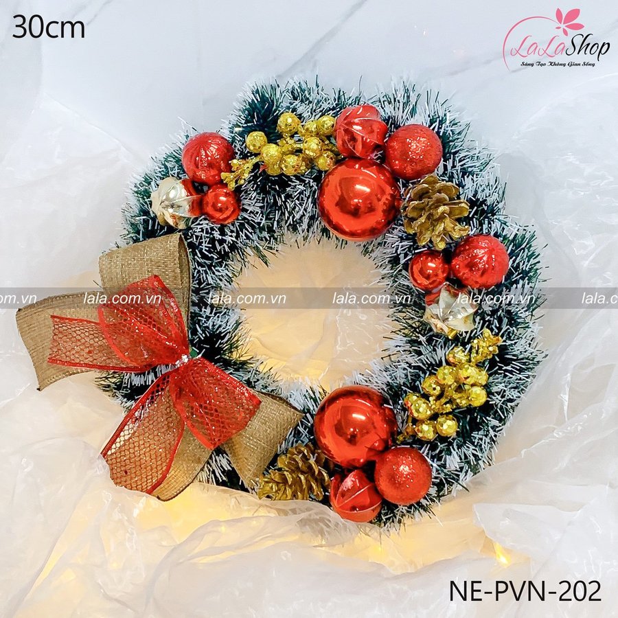 Vòng nguyệt quế 30cm treo cửa trang trí giáng sinh kèm đèn LED mẫu 202