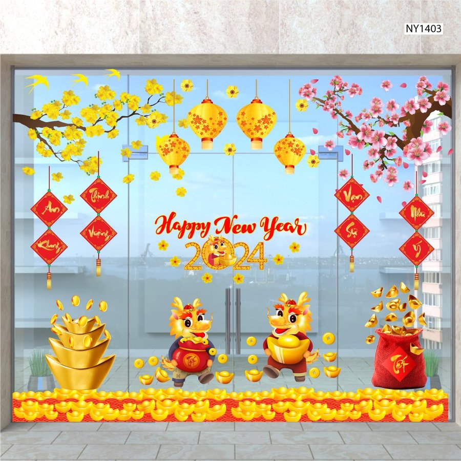 Combo Decal Trang Trí Tết Happy New Year Giáp Thìn 2024