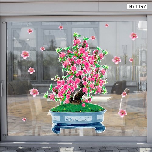 Decal Trang Trí Tết Chậu Cây Đào Hồng